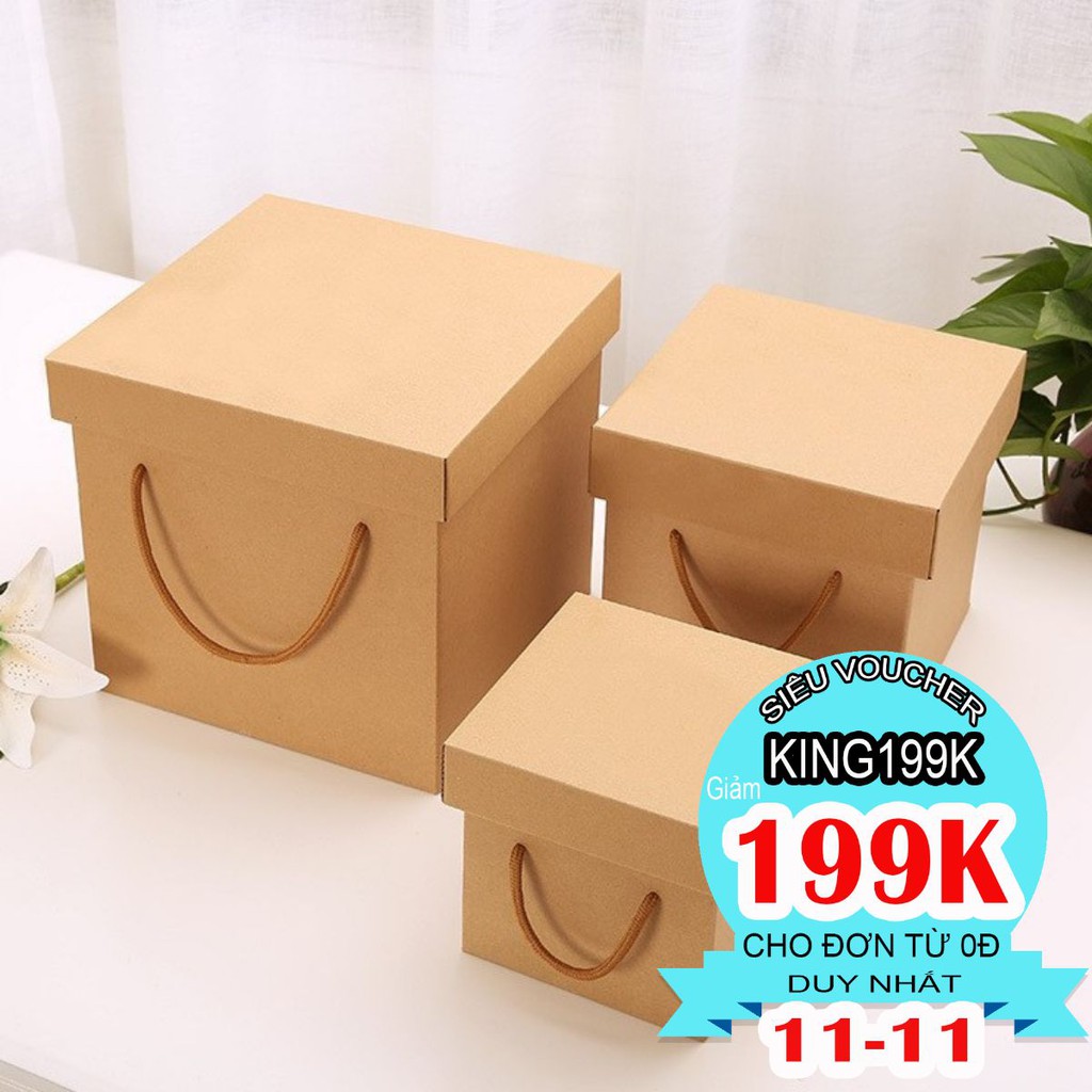 Hộp quà kraft vuông size lớn có quai xách dạng gấp hộp quà sinh nhật 3 size phụ kiện quà tặng king9