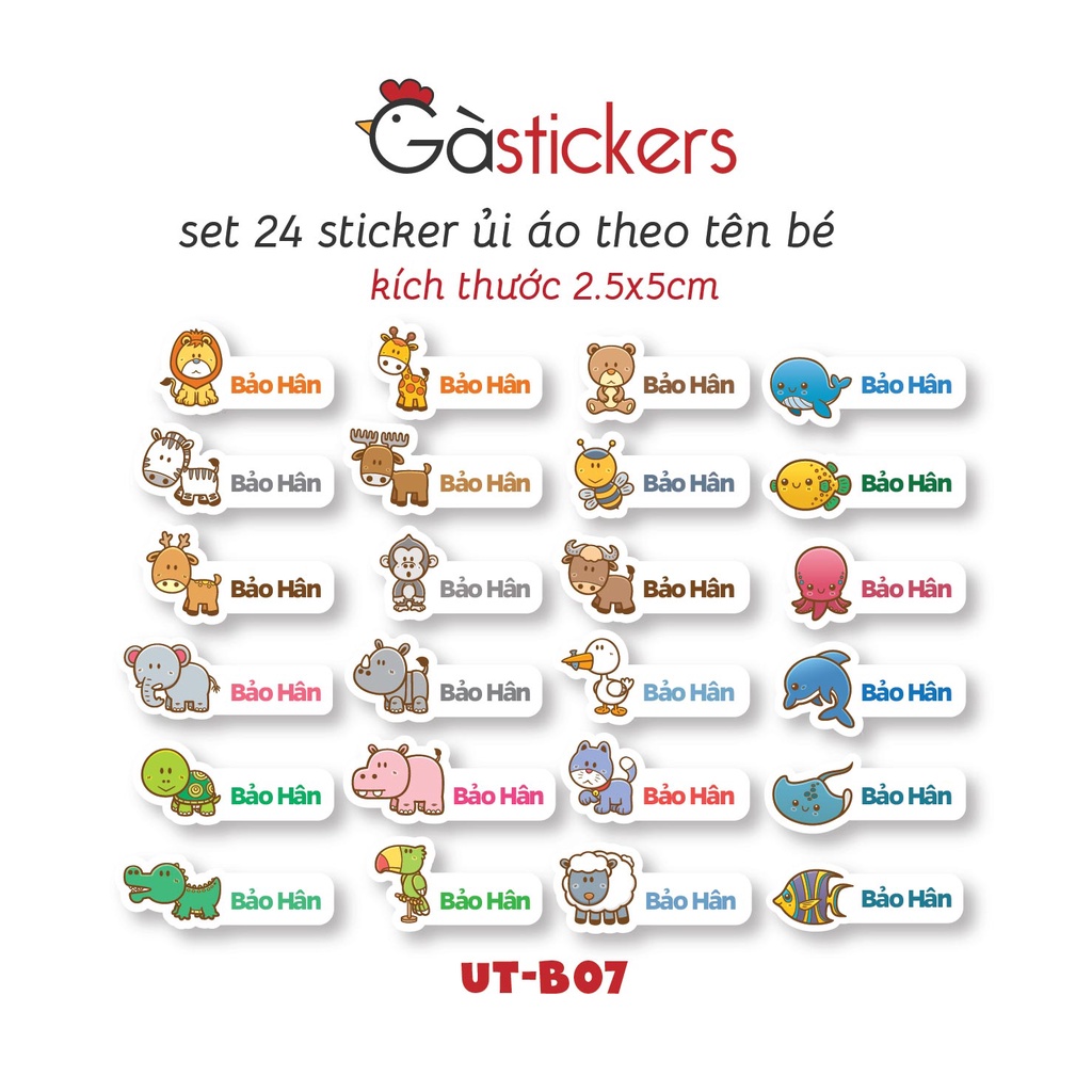 Gà Stickers Bộ sticker ủi áo 24 miếng hình Động Vật - In theo tên bé - An toàn và dễ sử dụng - UT-B07 ga sticker