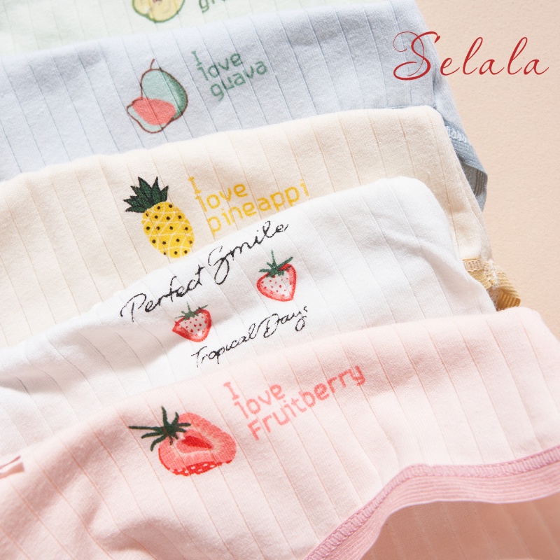 Set 5 Quần Lót Selala Cotton Thoáng Mát Họa Tiết Hoa Quả Phối Nơ Cực Xinh QC37