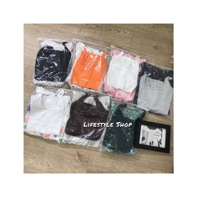 Set bộ ngủ Áo 2 dây + quần short thun hoạ tiết