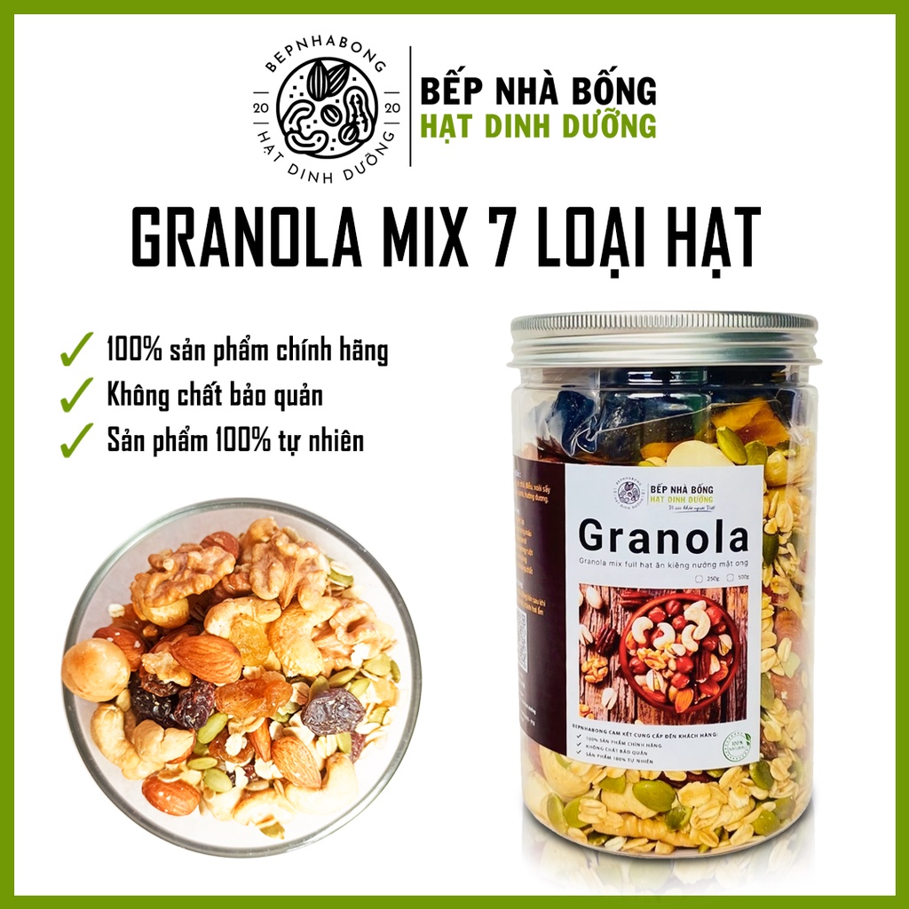 Ngũ Cốc Granola Giảm Cân Ăn Kiêng, Hạt Dinh Dưỡng mix 7 Loại, Siêu Hạt, Ngon, Bà Bầu, Ăn Chay, Bếp Nhà Bống, 250gr