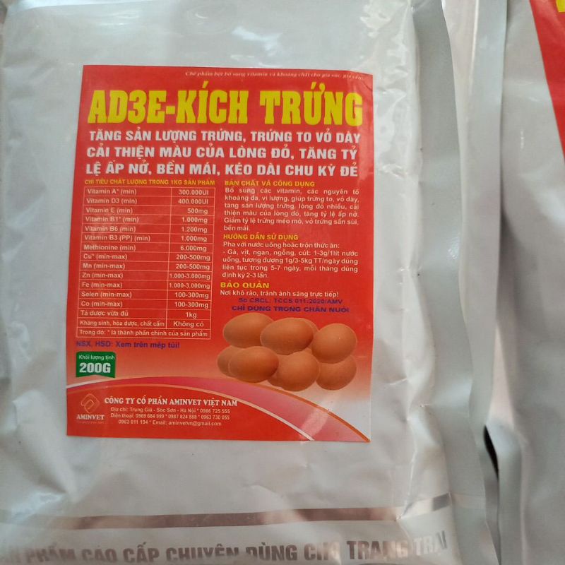 Kích trứng AD3E 200g, 1kg tăng sản lượng trứng, vỏ dầy, kéo dài chu kì đẻ