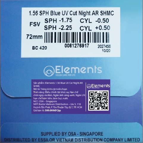 Tròng kính ánh sáng xanh ELEMENTS 1.56 SPH BLUE UV CUT NIGHT AR chính hãng Singapore