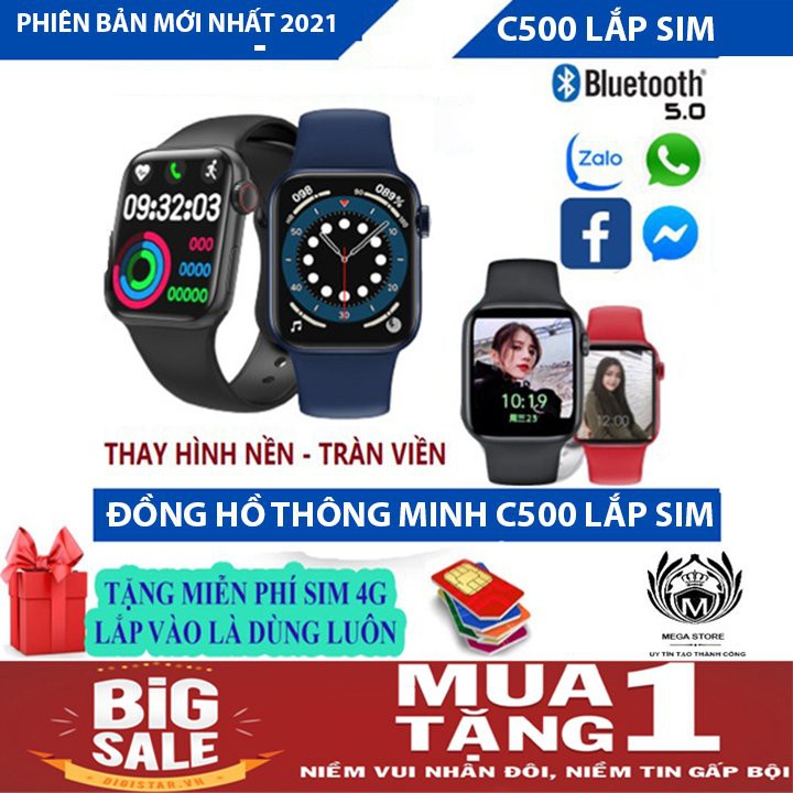 💥Tặng kèm sim 4G💥 Đồng hồ thông minh C500 Plus - Nghe Gọi Nhắn Tin- Lắp Sim , Thẻ Nhớ thay được dây