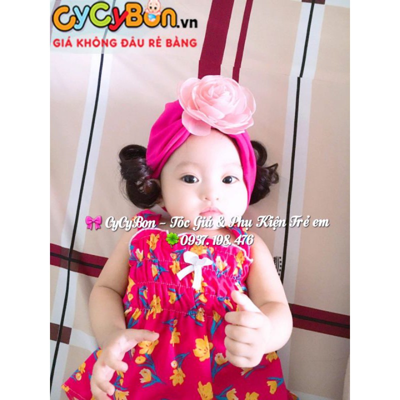 Mũ Nón Turban Tóc Giả Cho Bé Gái Màu Hồng Đậm Đính Bông Hồng Ruốc Chất Vải Cotton Co Giãn, có đủ size - kể cả bé sơ sinh