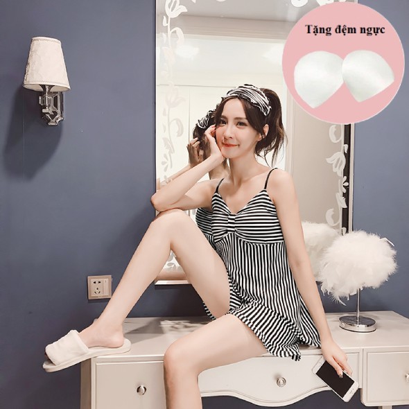 Bộ ngủ 2 dây cotton có lót đệm mút  ngực họa tiết cute mặc nhà phong cách hàn quốc B2DN01