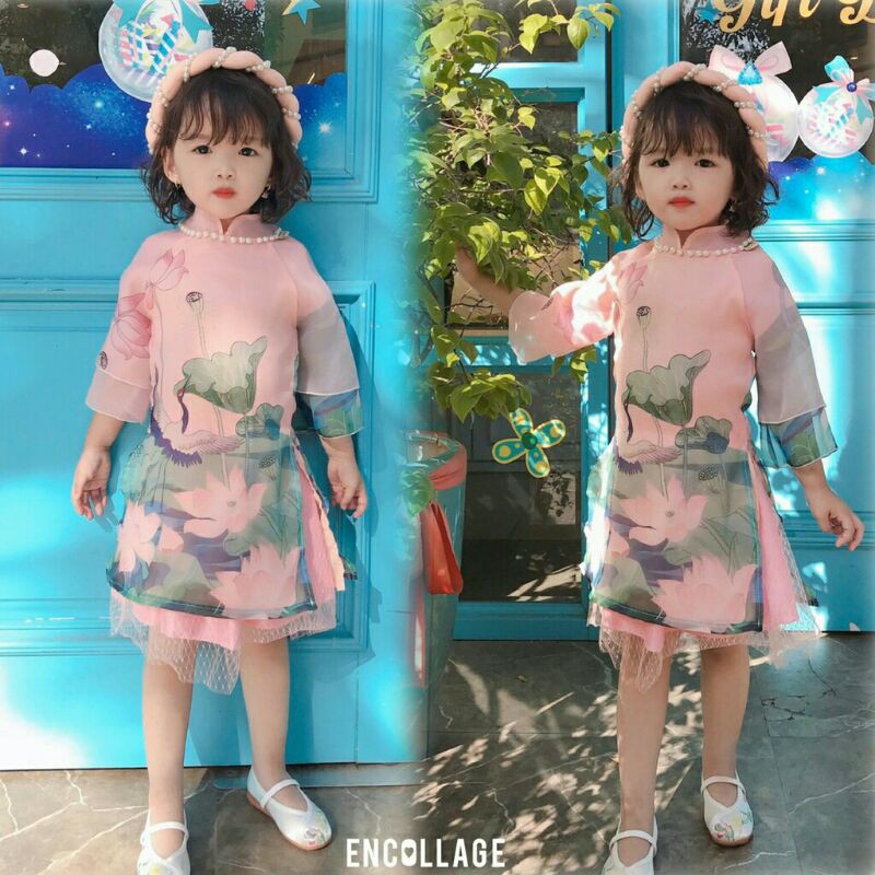 Set áo dài hoa sen kèm chân váy,mấn