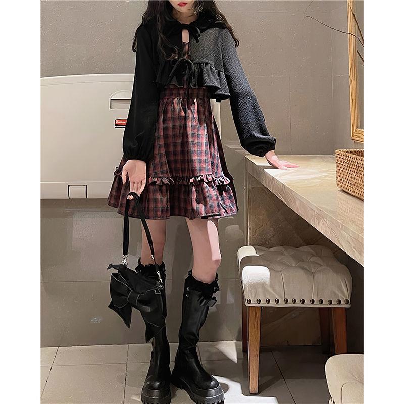 Set áo khoác cardigan dệt kim mỏng chống nắng + đầm caro thời trang xinh xắn cho nữ