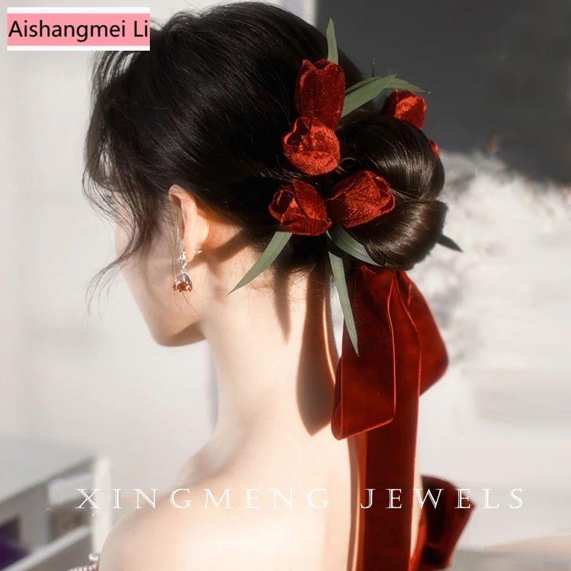[Aishang Xinh Đẹp] Phụ Kiện Cài Tóc Hoa Đỏ Phong Cách Xiuhe Trung Quốc Phụ Kiện Chụp Ảnh Cưới / Ngày Lễ Xiuhe