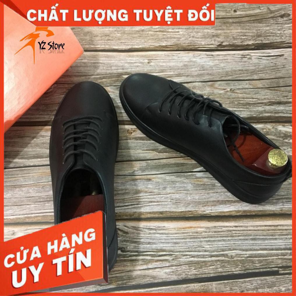 Giày thể thao nam cao cấp da bò buộc dây màu đen đế cao su có khâu đế