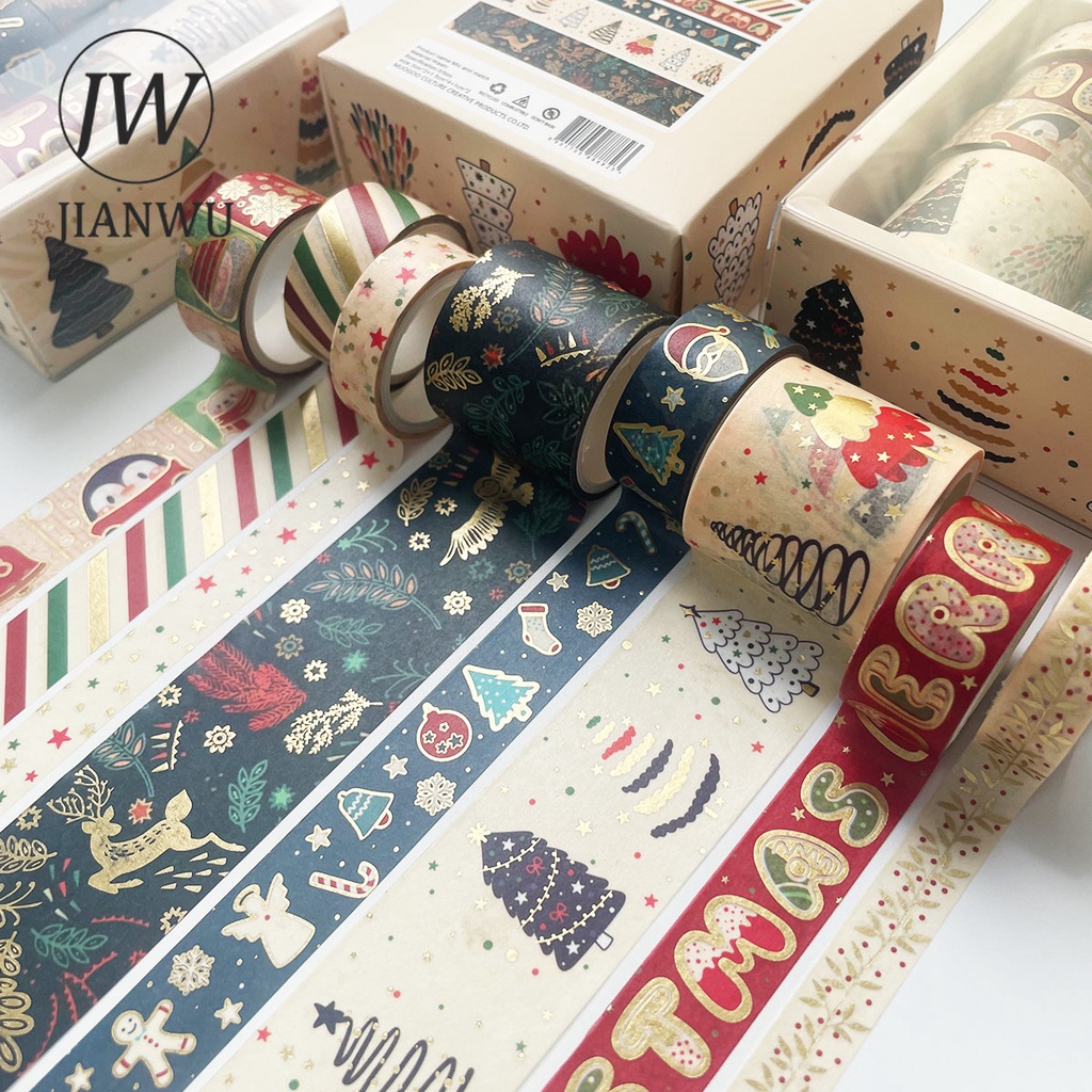 Bộ 8 Cuộn Băng Keo Washi Màu Đồng Họa Tiết Giáng Sinh Dễ Thương Trang Trí Sổ Tay DIY