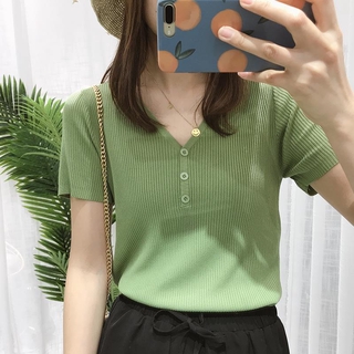Áo len lụa lạnh tay lửng cổ chữ V dáng ôm ngắn co giãn màu xanh lá thời trang mùa hè cho nữ
