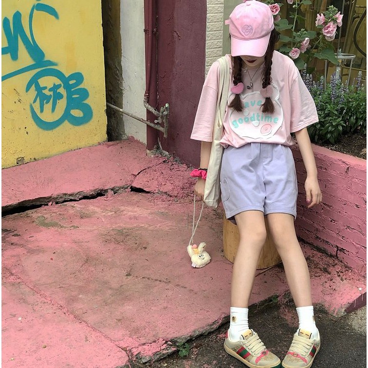 Quần Shorts Hình Gấu Đen Tím Trắng Hồng - Quần Ống Rộng Ngố Gập Gấu - Quần Đùi Nữ