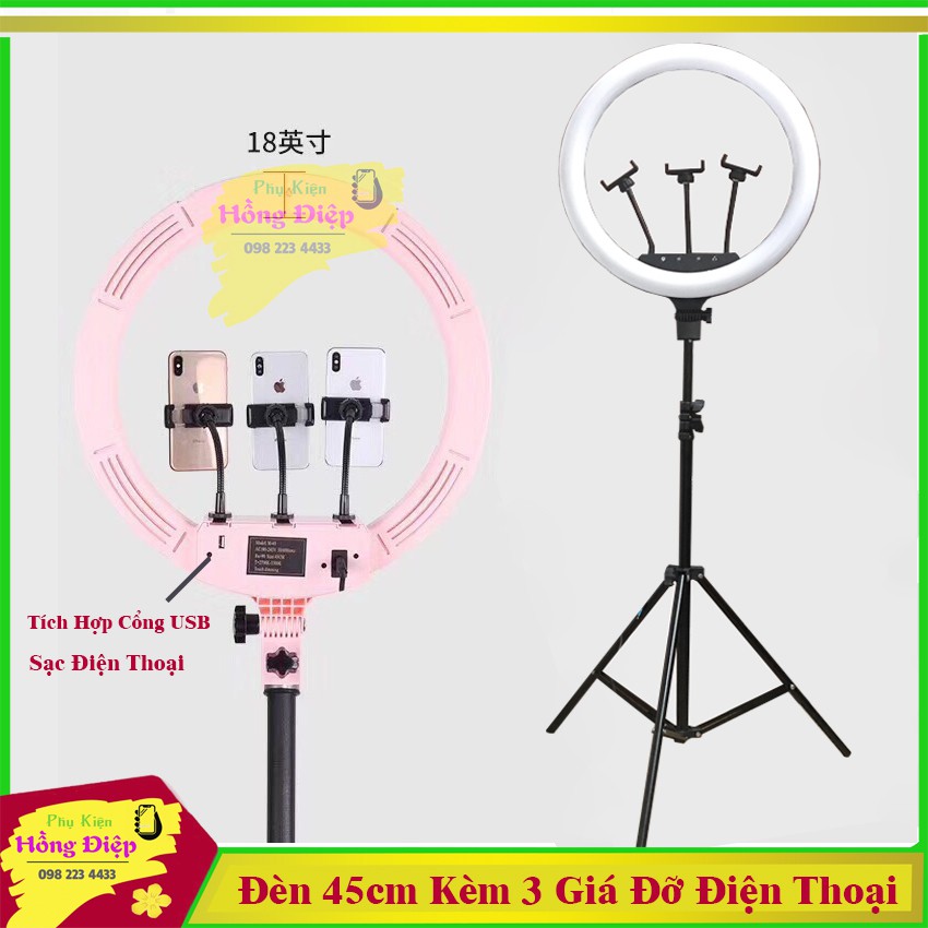 Bộ Đèn Led Livestream 45 Cm Tích Hợp Cổng Sạc Và 3 Giá Đỡ Điện Thoại (Đã Bao Gồm Cả Chân Đèn 2,1m)