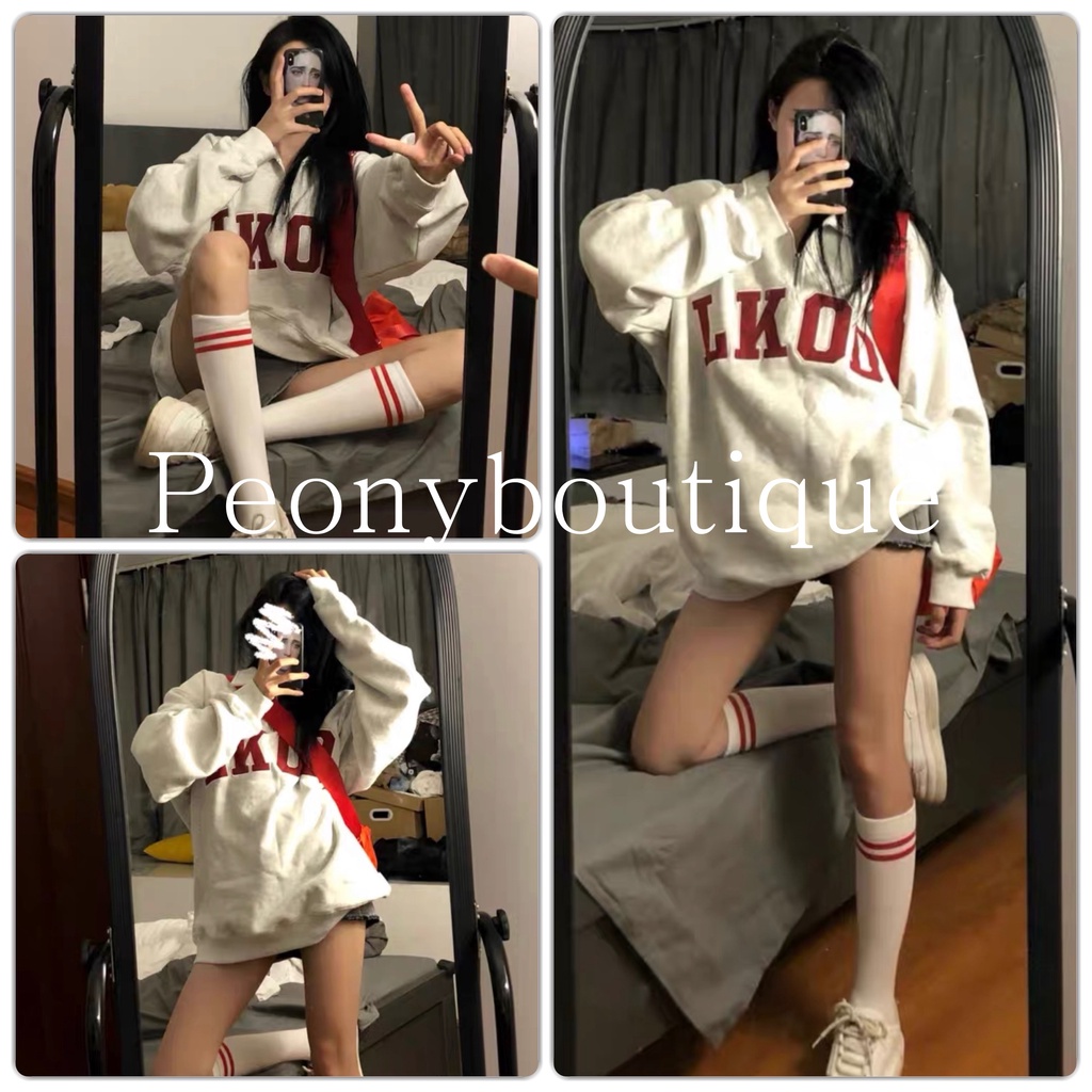 Áo Nỉ Cổ Cao Lkoo PEONYB Nữ [FREESHIP]  Sweater form rộng tay bồng, hoodie zip thêu chữ đỏ cá tính Ulzzang