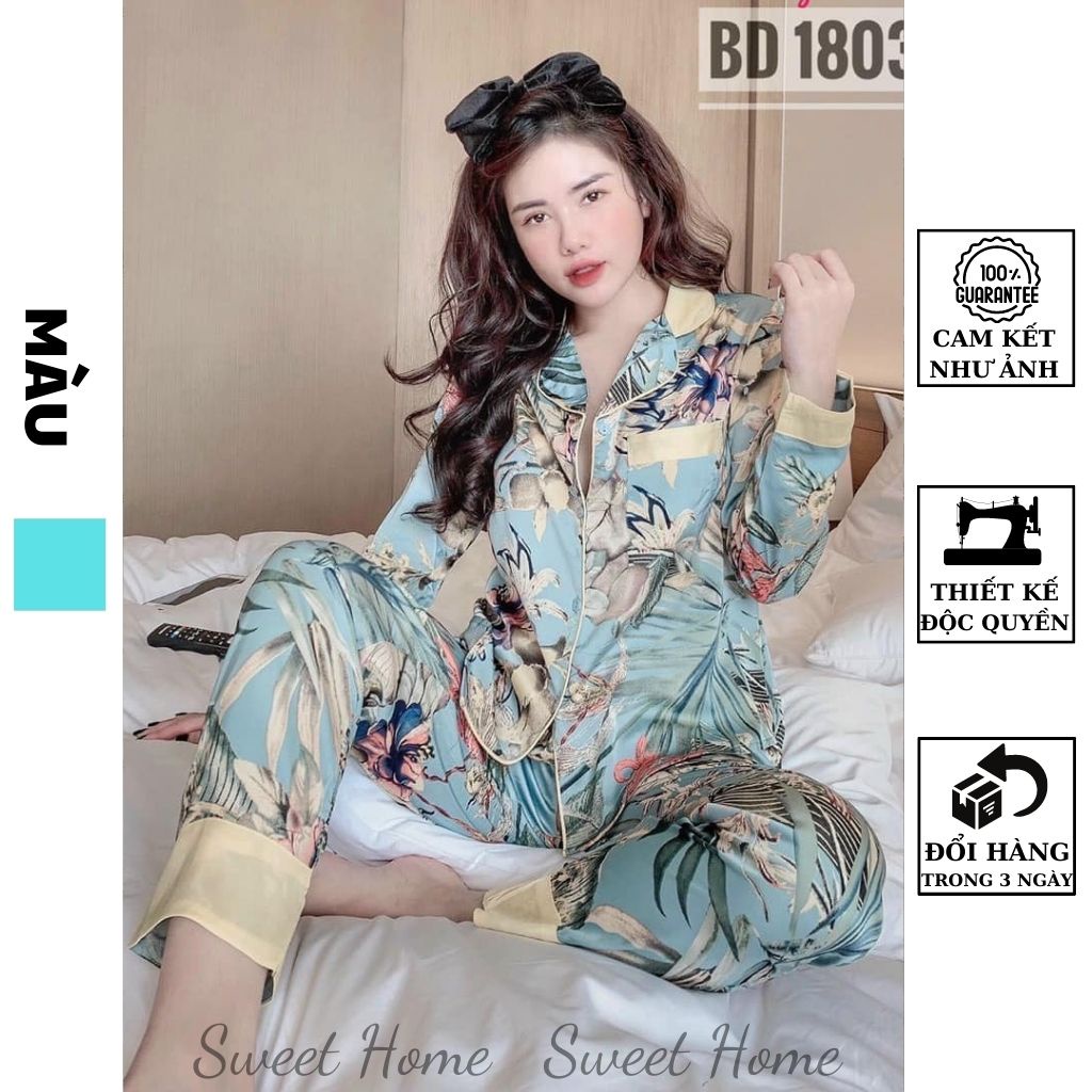Đồ Bộ Pijama Cổ Sen Họa Tiết Lá Vải Lụa Cao Cấp D11 SWEET HOME