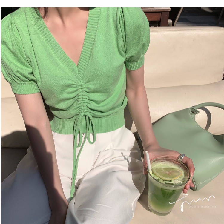 Áo Ulzzang len tăm dệt kim dây rút ngực ngắn tay Hàn Quốc C35 - Maoshop | BigBuy360 - bigbuy360.vn