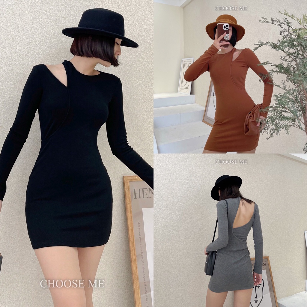 Váy Body Len Khoét Lưng Sexy, Váy Len Dài Tay Nhiều Màu, Váy Dáng Ngắn - Choose Me KLP