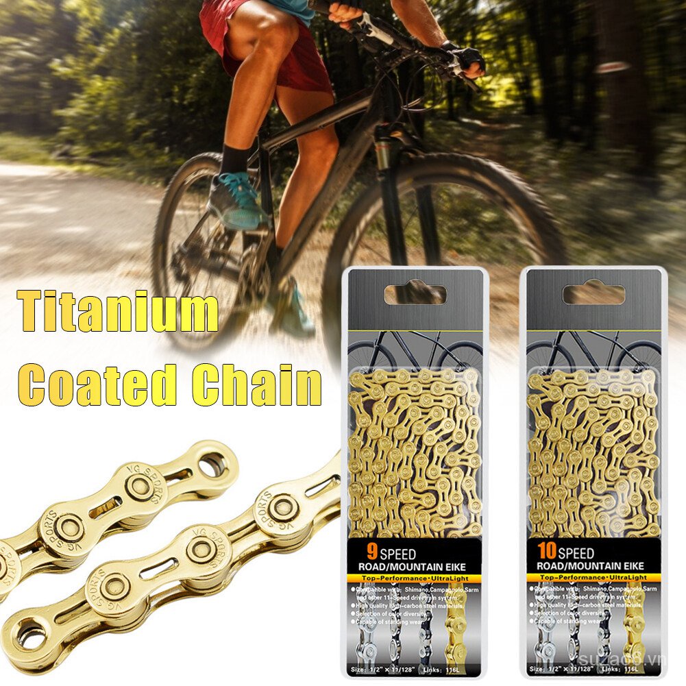 9/10 Tốc Độ Vàng Titan Xích Xe Đạp Bán Rỗng Xích Xe Đạp Đường Núi Xe Đạp Mắt Xích Siêu Nhẹ 116l Siêu Chống Mài Mòn Thích Hợp Phù Hợp Cho Shimano/Campagnolo/Sarm Vv Giao Hàng Miễn Phí Giá Rẻ