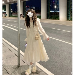 Váy nữ dáng dài tay xòe bèo nhún ôm eo phong cách mùa thu Hàn Quốc