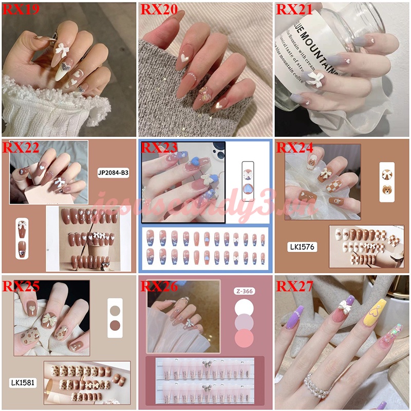 Set 24 Móng Tay Giả Dáng Dài In Họa Tiết Thời Trang Dễ Thương /  móng tay giả kèm keo / móng tay giả đính đá