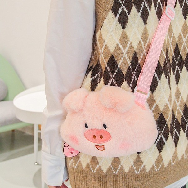 Túi đeo chéo hình chú heo hồng hoạt hình nhồi bông đáng yêu cho bé gái