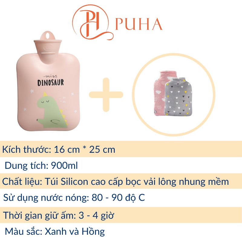 Túi chườm nóng đau bụng kinh cho nữ sưởi ấm giữ nhiệt hiệu quả Puha 900ml họa tiết khủng long hồng dễ thương