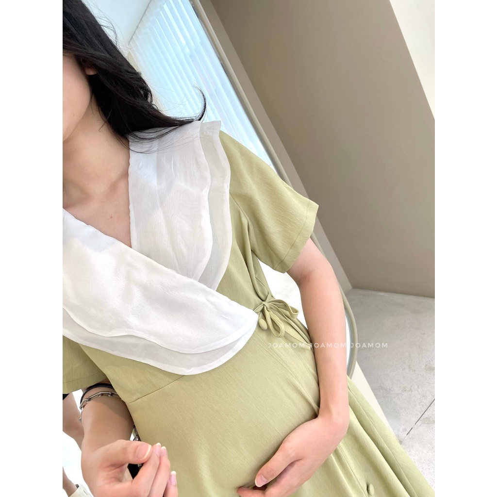 Váy đầm bầu cổ bèo tơ eo nơ các điệu Joamom V221