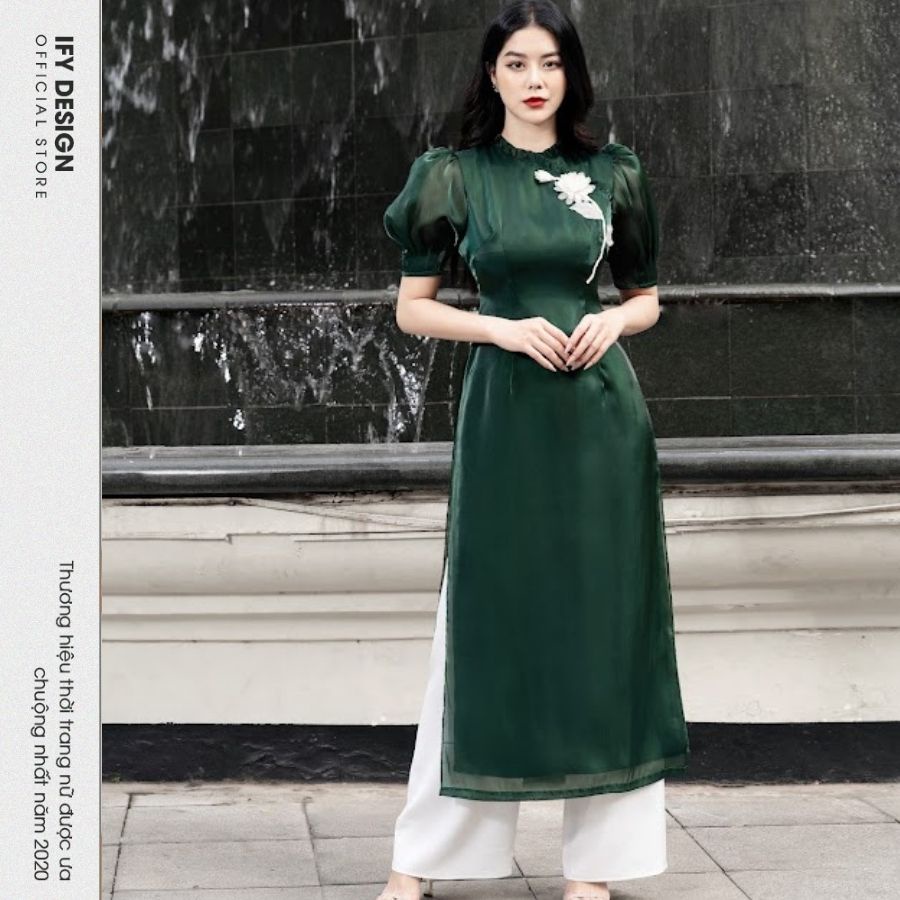 Áo dài cách tân ngắn tay cổ bèo tròn tay bồng 4 tà IFY Design FAD02A