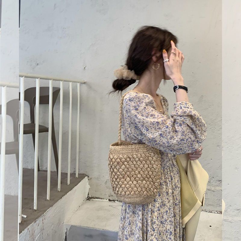 Đầm Chiffon Tay Phồng Dài In Họa Tiết Hoa Phong Cách Pháp Thời Trang Mùa Đông Cho Nữ