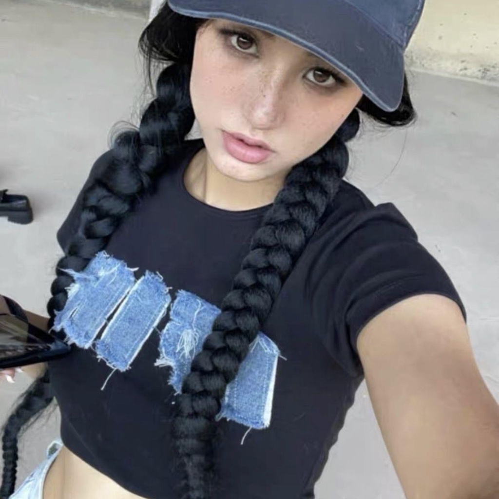 Áo Thun Denim Tay Ngắn Thêu Hình Y2k Mũi Một Hàng