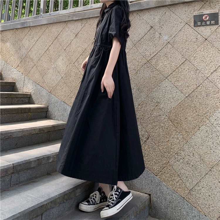 Đầm tay ngắn cổ POLO eo cao màu đen phong cách Hàn Quốc thời trang mùa hè cho nữ