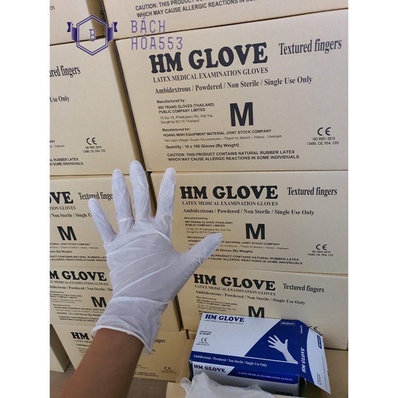 Hộp 50 đôi găng tay cao su y tế có bột HM GLOVE Size M (Màu Trắng)