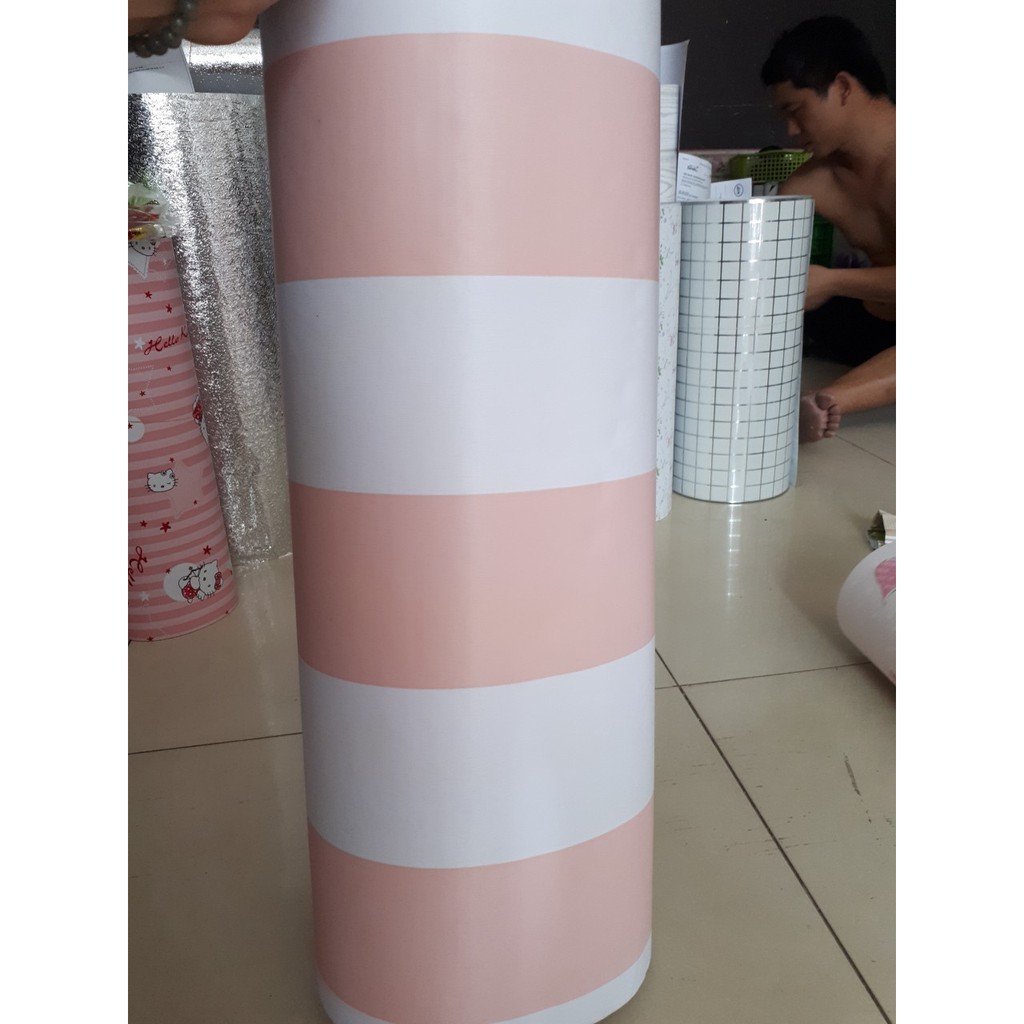 Decal giấy dán tường sọc trắng hồng cam khổ 60cm keo sẵn