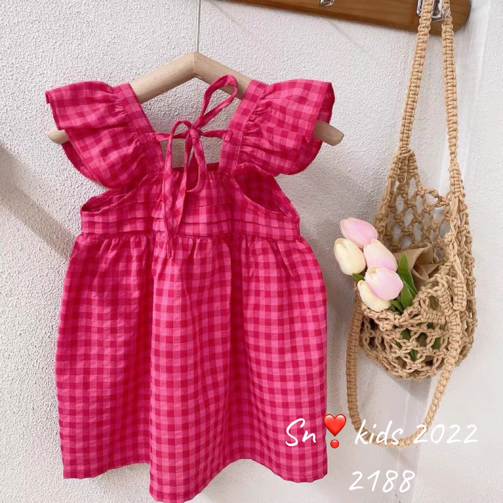 VÁY MAXI CARO PHỐI NƠ LƯNG ĐI BIỂN, TAY PHỒNG CỰC XINH CHO BÉ GÁI