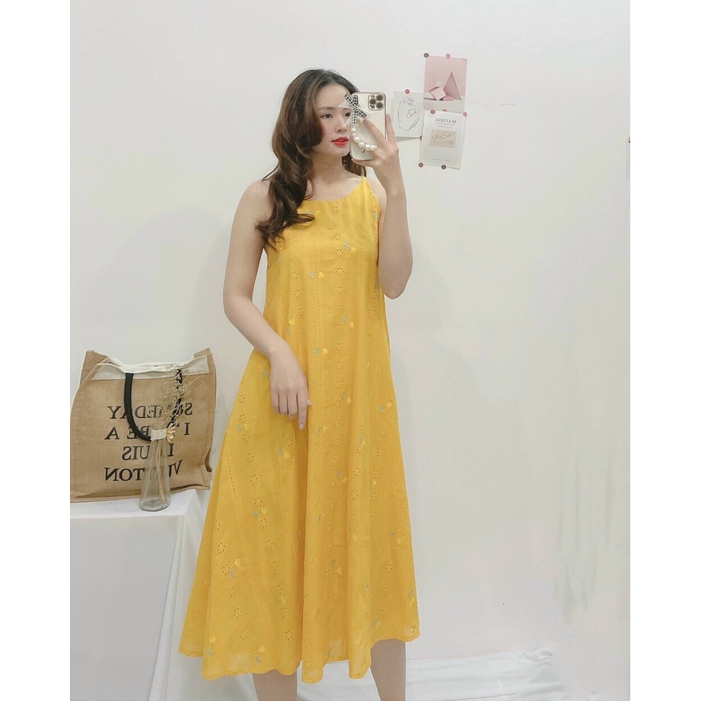Đầm maxi form rộng, Đầm yếm dáng suông dài qua gối Cao Cấp vàng trắng thêu hoa nhí, sát nách cổ tròn - MiNhi | BigBuy360 - bigbuy360.vn