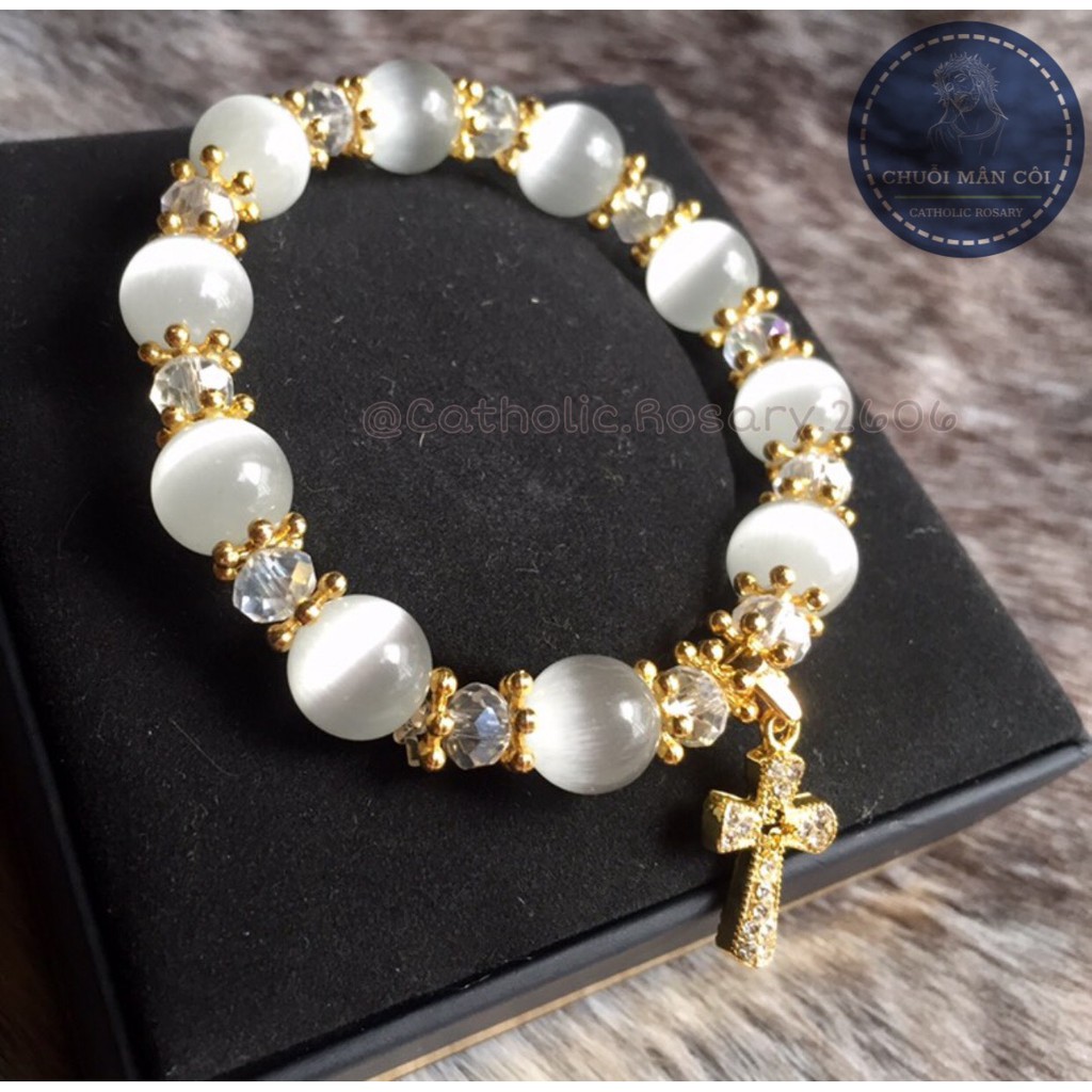 Vòng tay - Chuỗi hạt đá mắt mèo trắng Mân Côi thánh giá đứng