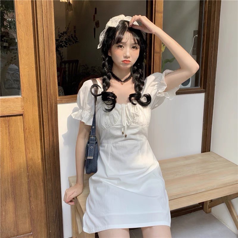 🖤Váy bánh bèo trắng thô tay phồng đầm thư cổ vuông thắt dây ngực dạo phố xinh xắn ulzzang vintage retro dễ thương