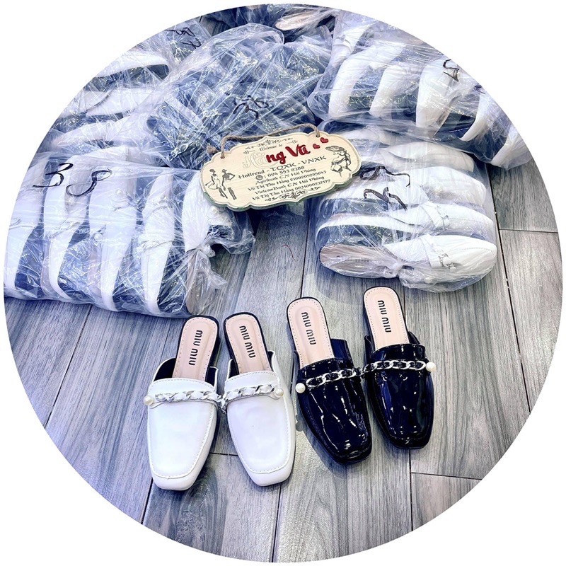 Giày sục nữ da bóng gắn NGỌC viền xích, CHẤT DA PU CAO CẤP, kèm ảnh thật | BigBuy360 - bigbuy360.vn