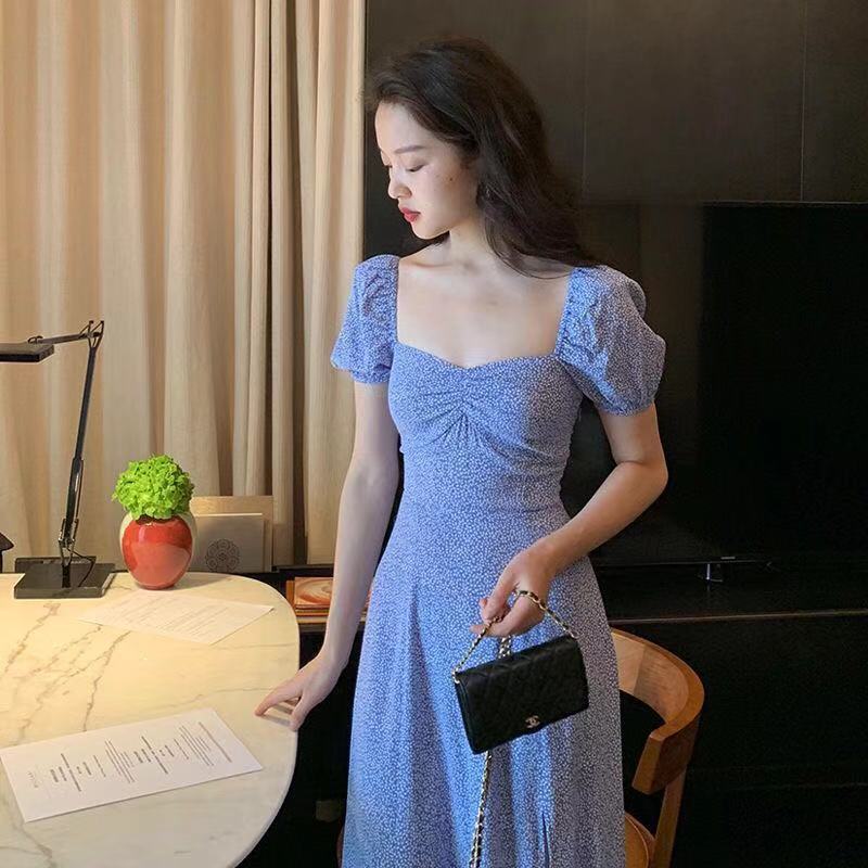Đầm Dài Xẻ Tà Họa Tiết Hoa Màu Xanh Dương Phong Cách retro Pháp Mới Xinh Xắn Cho Nữ