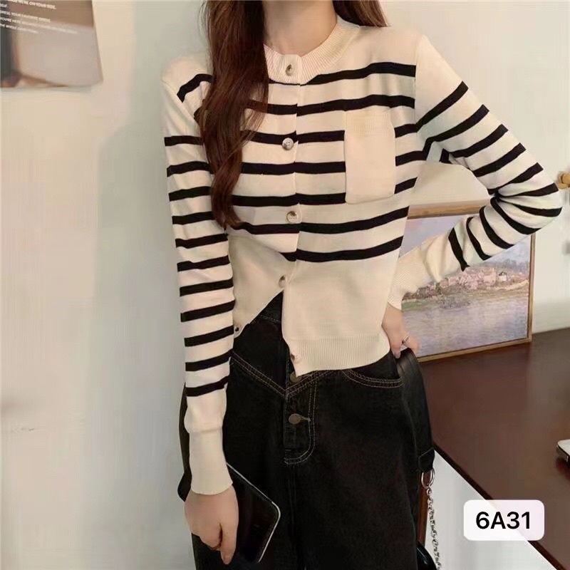 Áo khoác len nữ dệt kim sọc ngang có nút