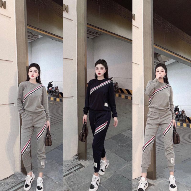 Bộ Đồ Nữ Ms.0022 Bộ Thể Thao Nữ Cá Tính Phối Viền Chéo Lạ Mắt, Chất Nỉ Da Cá Dày Dặn, Gắn Logo