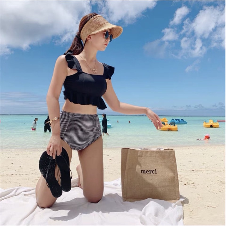 Bikini, Bộ Đồ bơi nữ áo tắm hai mảnh bèo tay chất thun lạnh hàn quốc kín đáo che bụng cho phụ nữ