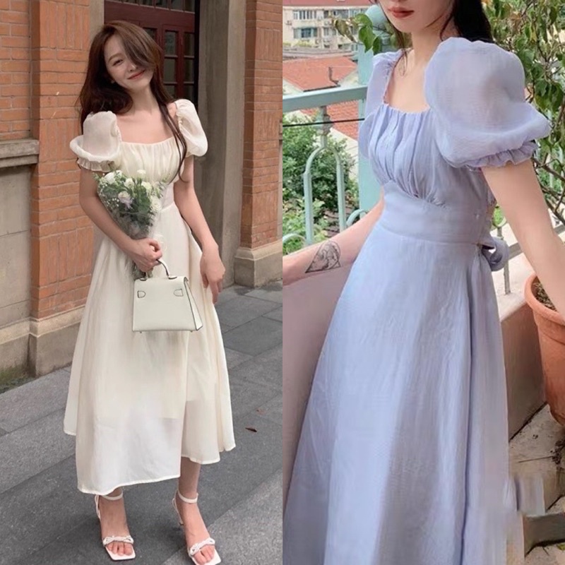 ĐẦM MIDI TRẮNG XẾP LY NHÚN NGỰC TAY BỒNG VINTAGE (về thêm màu)