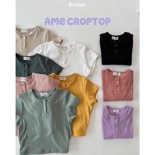 Áo croptop ôm body tay ngắn RUCHAN kiểu áo thun nữ co giãn cổ tròn có nút nhiều màu thời trang