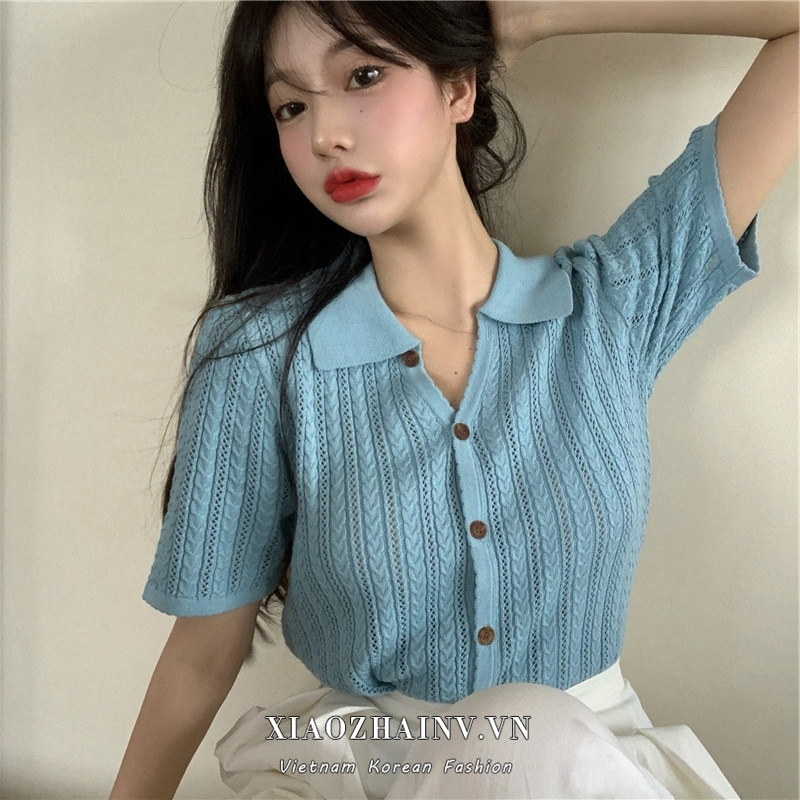 Xiaozhainv Áo cardigan Dệt Kim Tay Ngắn Phong Cách ulzzang retro Thời Trang Mùa Hè 2 Màu Tùy Chọn