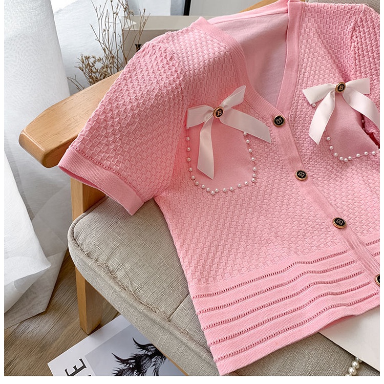 Áo Khoác cardigan Cổ Chữ V Phối Túi Đính Nơ Xinh Xắn Thời Trang