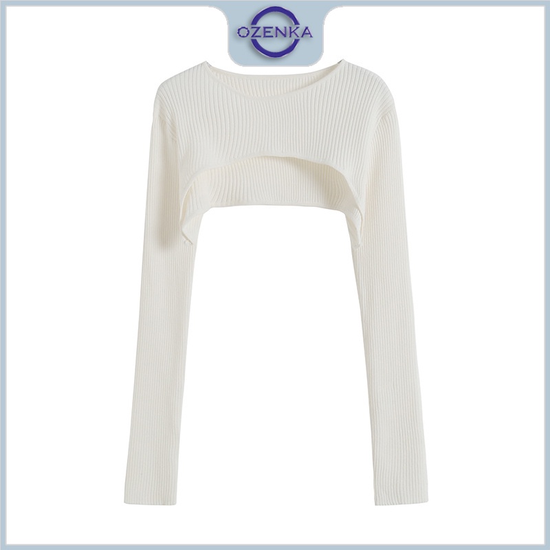 Áo croptop ngắn tay dài kiểu nữ OZENKA , áo dệt kim mặc kèm sang chảnh gợi cảm vải gân cotton 100% màu đen trắng