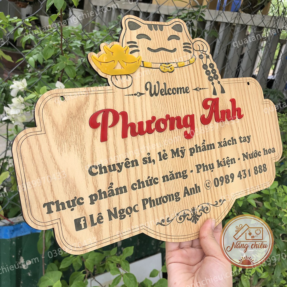 Bảng gỗ hình mèo thần tài, mang lại may mắn chio shop bán hàng, Bảng hiệu gỗ treo shop giá rẻ