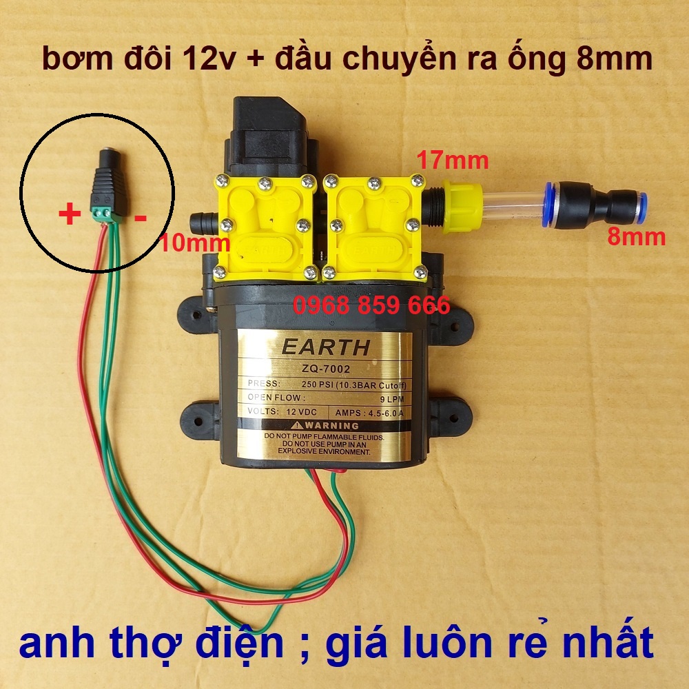 máy bơm phun sương ,máy bơm nước đôi EARTH tăng áp lực nước mini 12V 120W Lưu lượng 9L/phút (bơm đôi 12v)